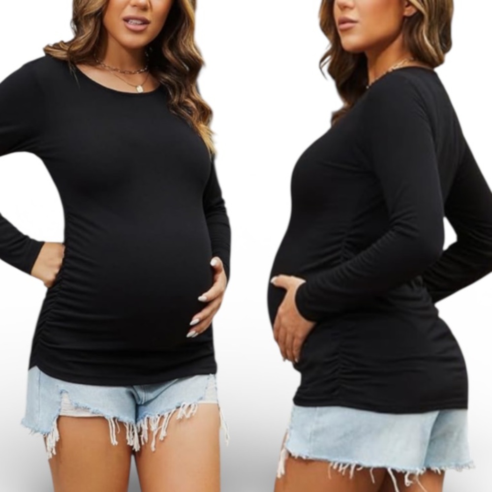 Unbranded maternity black long sleeve scoop neck fitted stretch top size medium